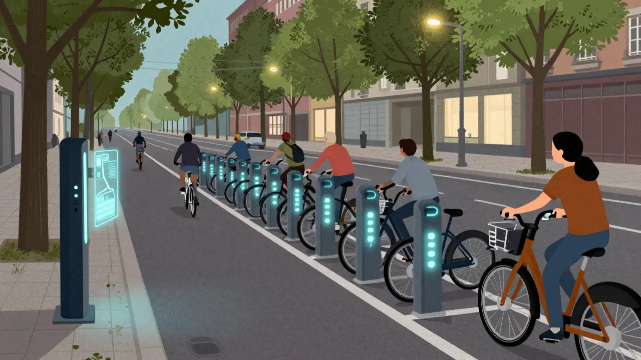 Берлин 2026: автономные велопарковки, зарядные станции и защищённые велодорожки ночью.