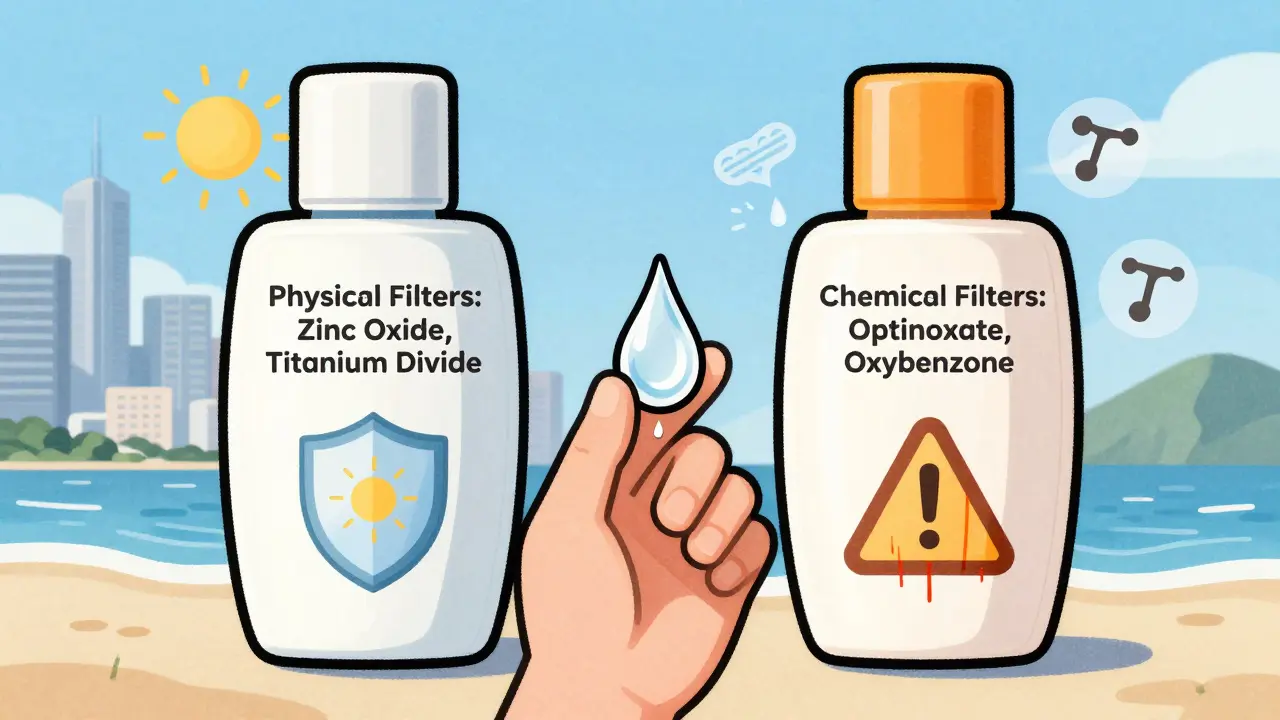 Два крема: один с физическими фильтрами и щитом, другой с химическими и предупреждающими символами.
