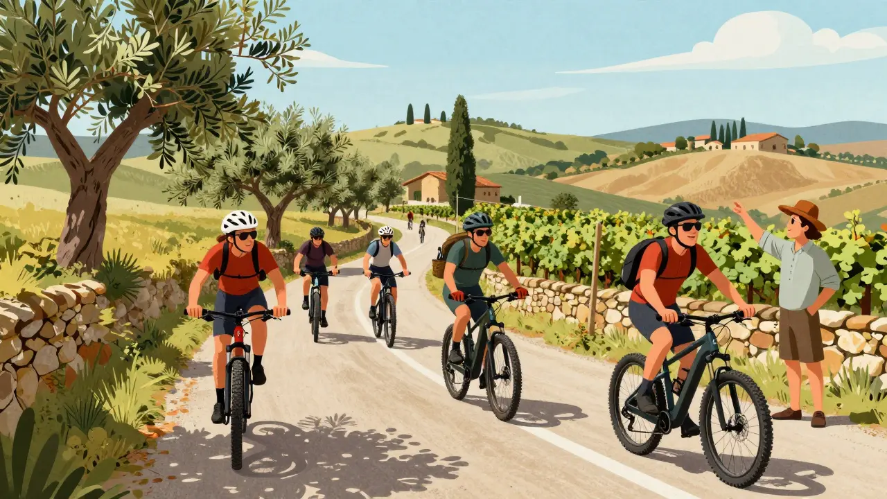 Группа туристов катаются на электровелосипедах по виноградникам Тосканы с гидом.