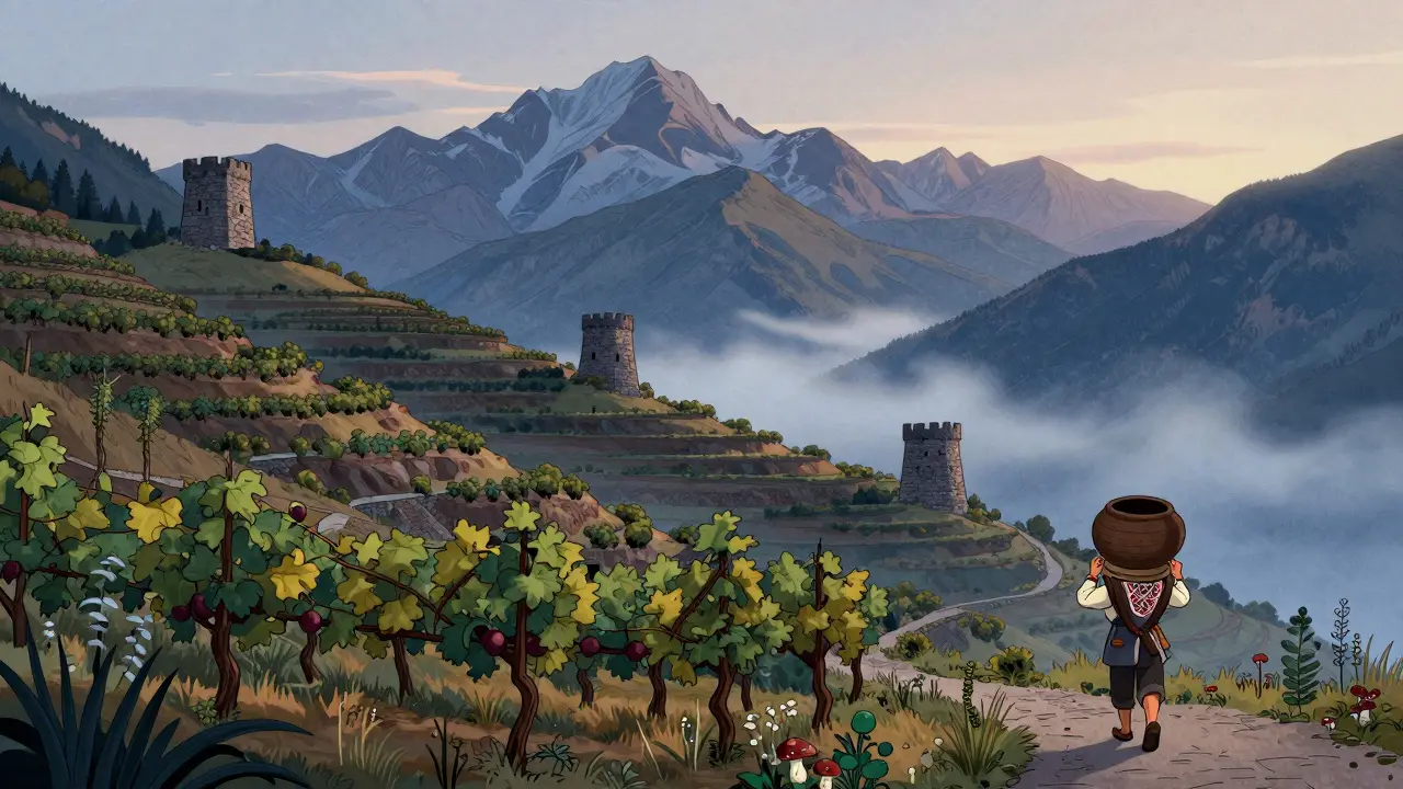 Грузинские горы с террасами виноградников, башни Сванетии и человек с квеври на тропе.