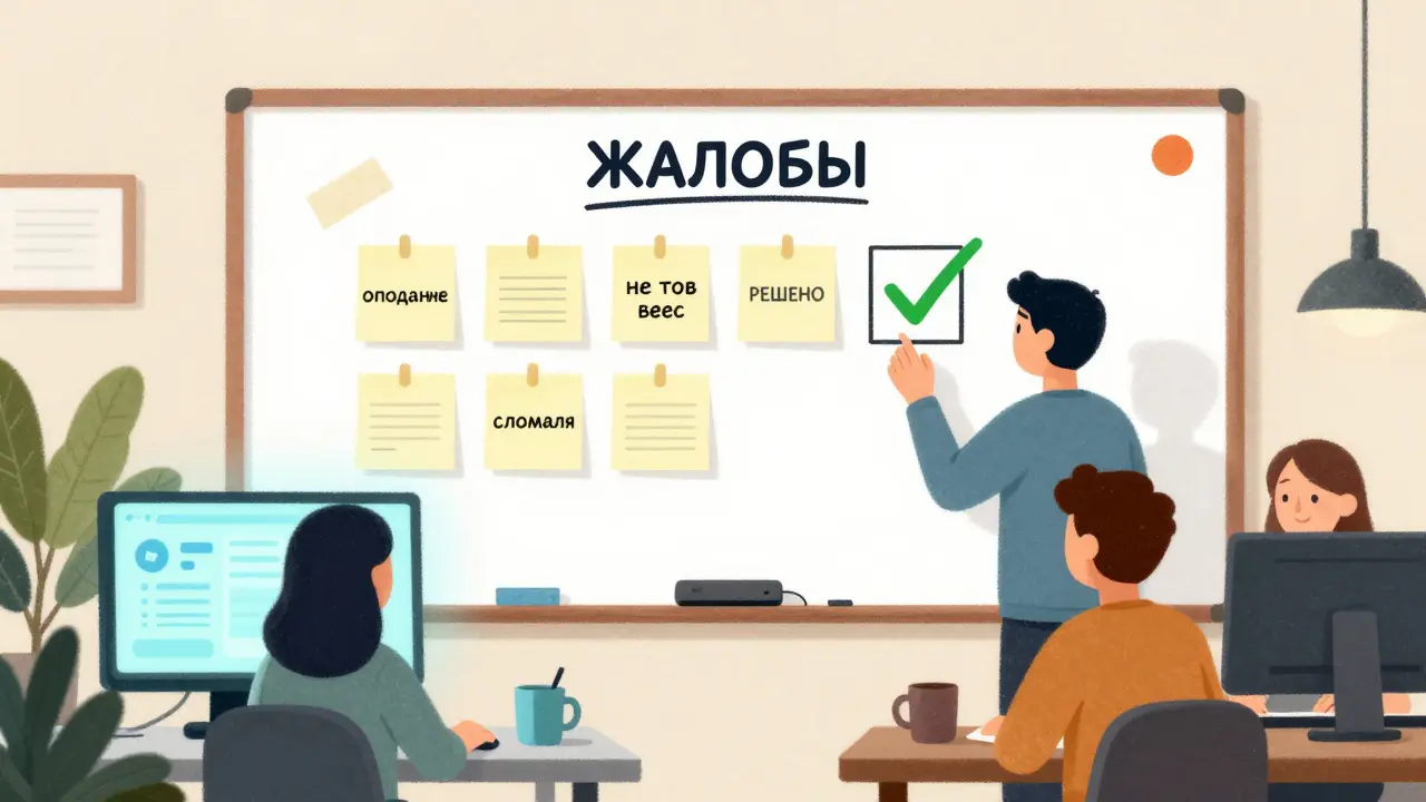 Команда анализирует жалобы на доске, отмечая решения и улучшая процессы.