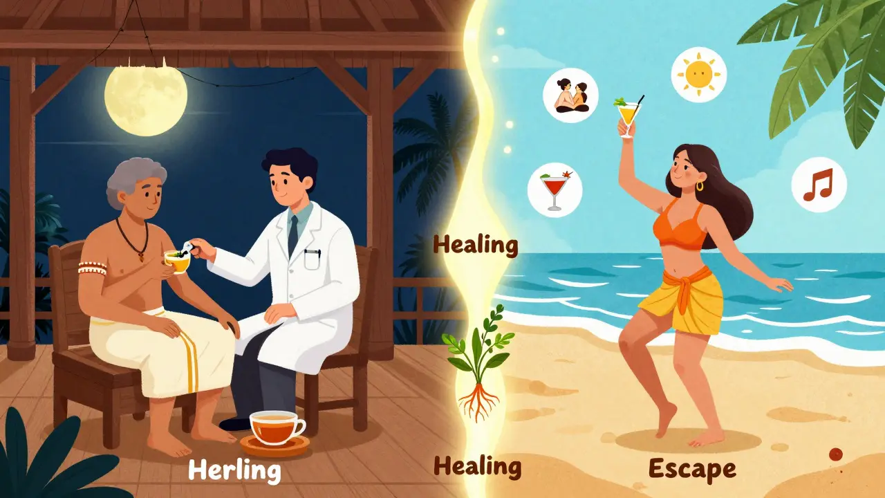 Контраст: слева — дисциплинированное лечение в Керале, справа — расслабление на пляже в Гоа.