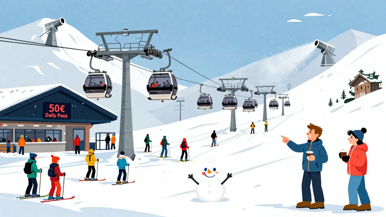 Лыжники заходят на подъемник в Сольдеу, инструктор показывает на зону для новичков, снег пушками увлажняет склон.