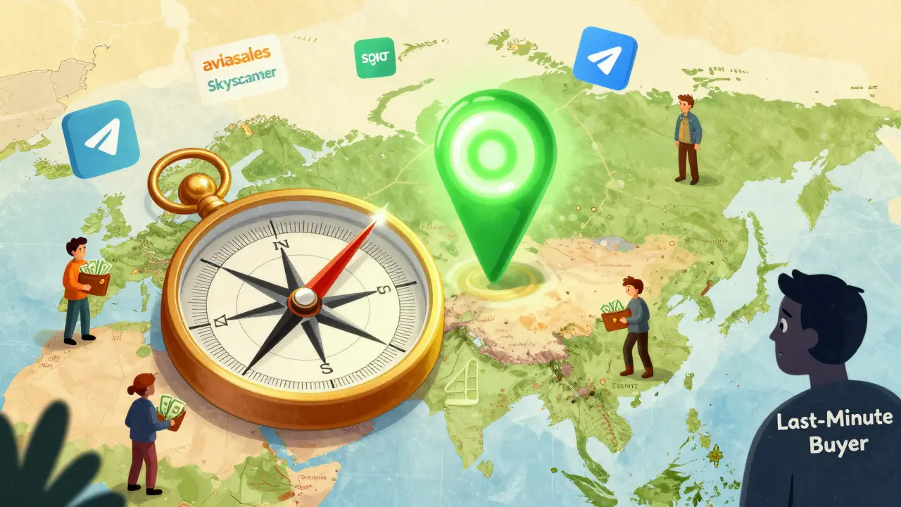 Магический компас указывает на выгодные направления с логотипами сервисов для поиска дешевых билетов.