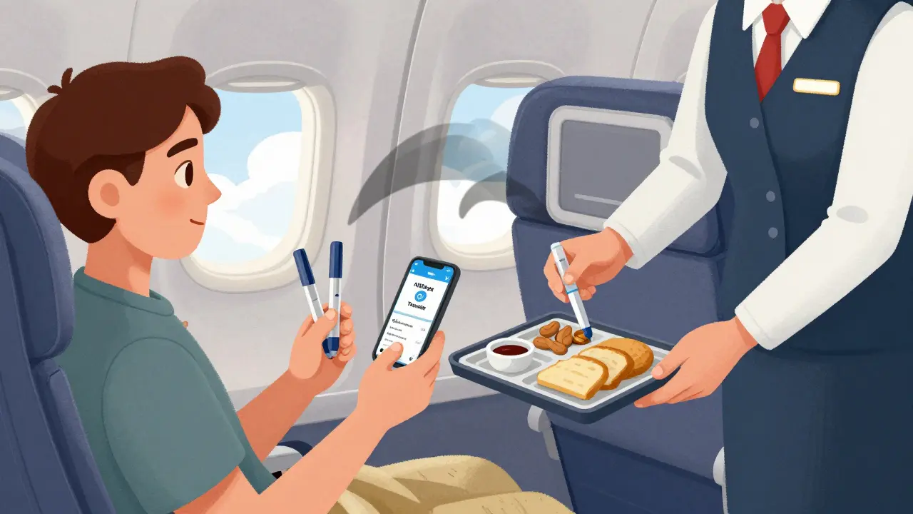 Пассажир на самолете держит Эпипен и приложение для аллергиков, рядом — еда с скрытыми аллергенами.