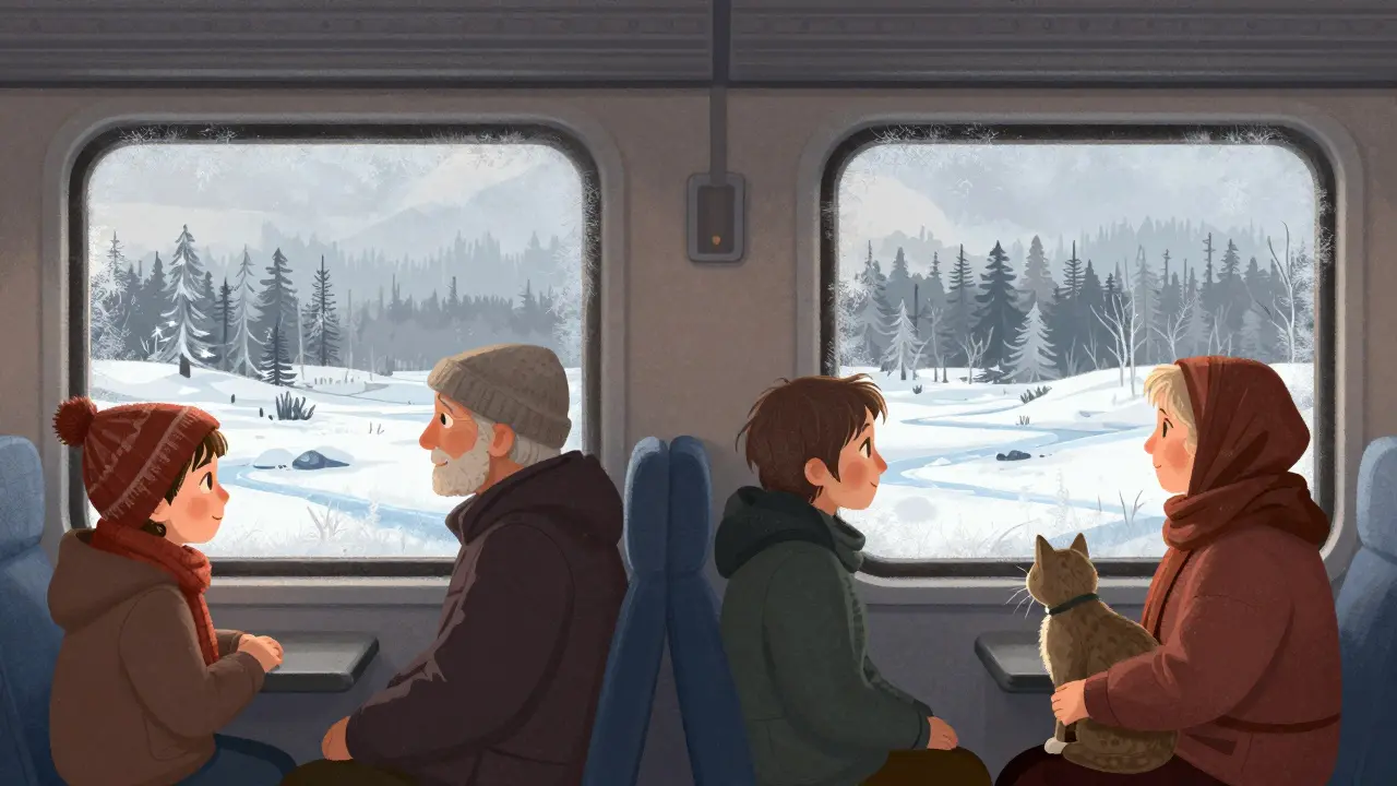 Пассажиры поезда смотрят в окно на бескрайние сибирские пейзажи — ребенок, старик и женщина с котом.