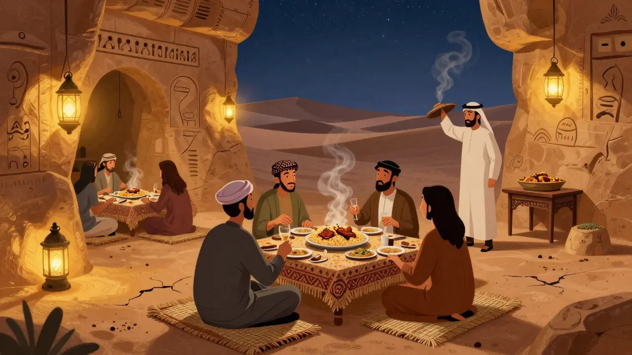 Пещерный ресторан в Саудовской Аравии: баранина с рисом под светом фонарей, песчаные стены и звёздное небо.