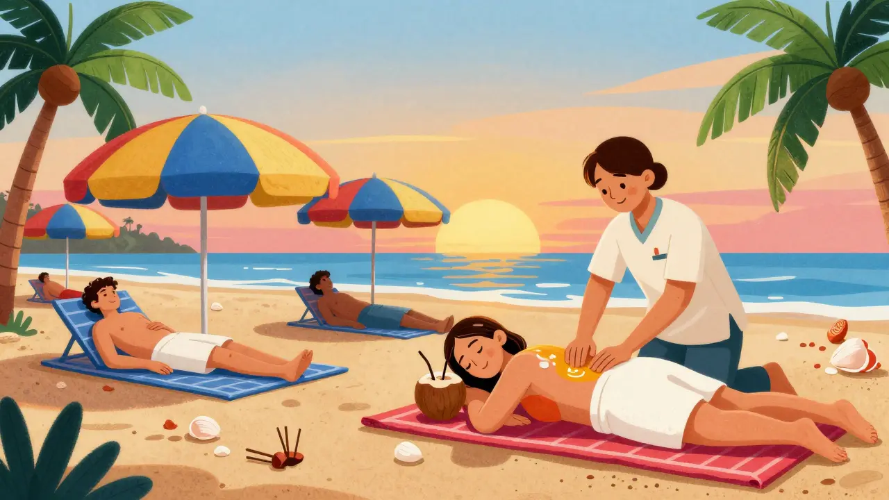 Пляжный спа-центр в Гоа: массаж на песке, коктейль и закат — атмосфера отдыха, а не лечения.