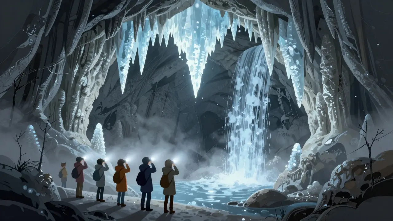Подземные пещеры с ледяными сталактитами и тихим водопадом, туристы с фонарями.