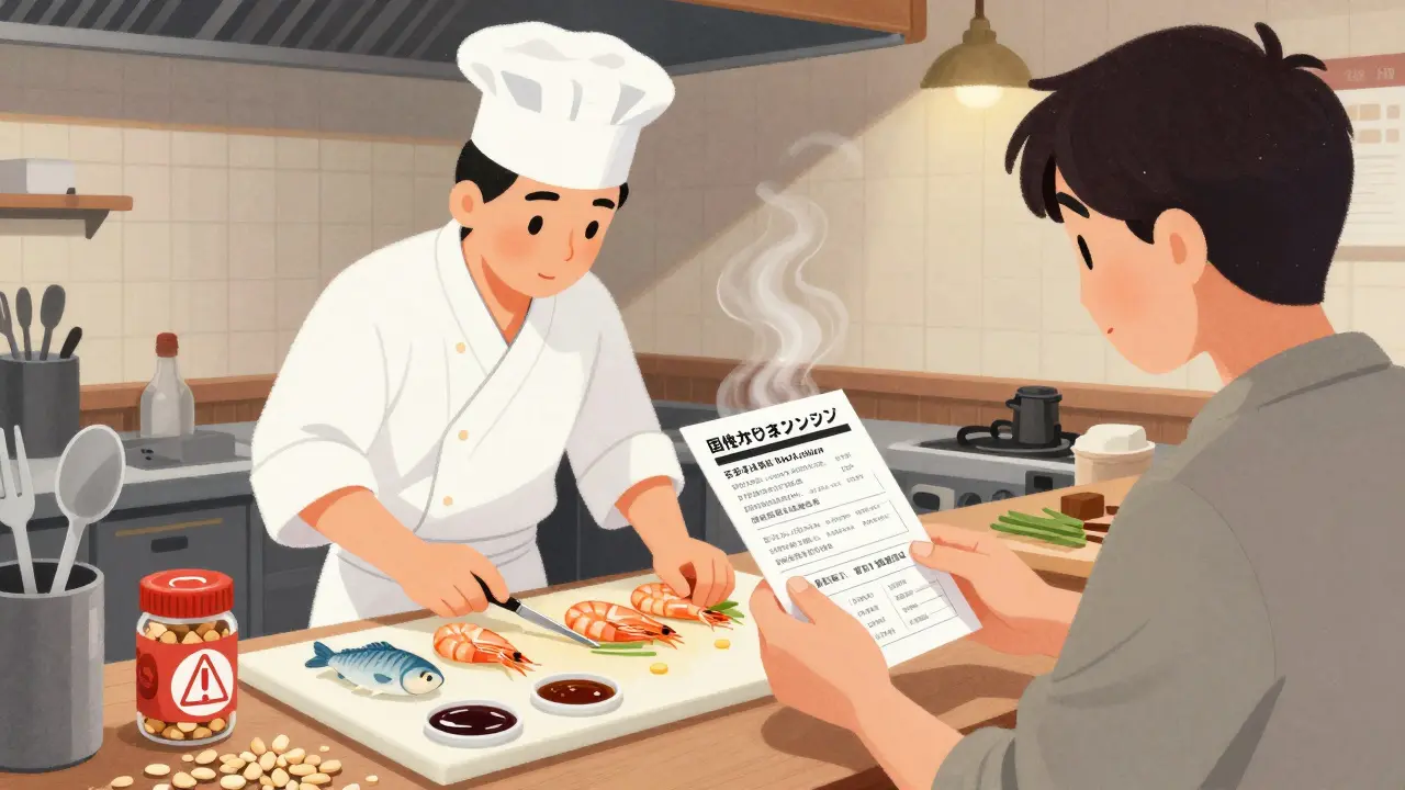 Повар в японском ресторане читает двуязычную карточку аллергии, видны опасные ингредиенты на кухне.