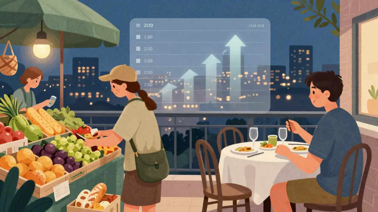 Путешественник покупает продукты на рынке и ужинает на балконе с видом на город.