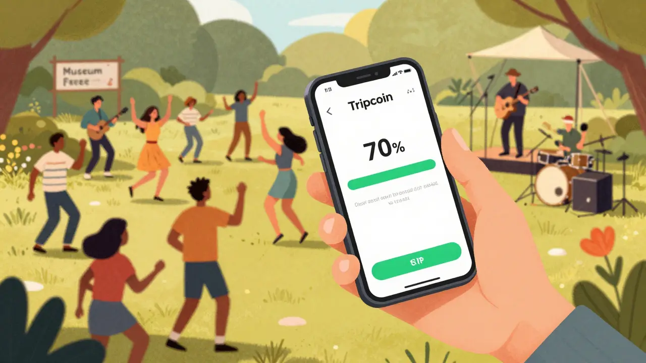 Путешественник с приложением для бюджета, рядом — бесплатный концерт в парке.