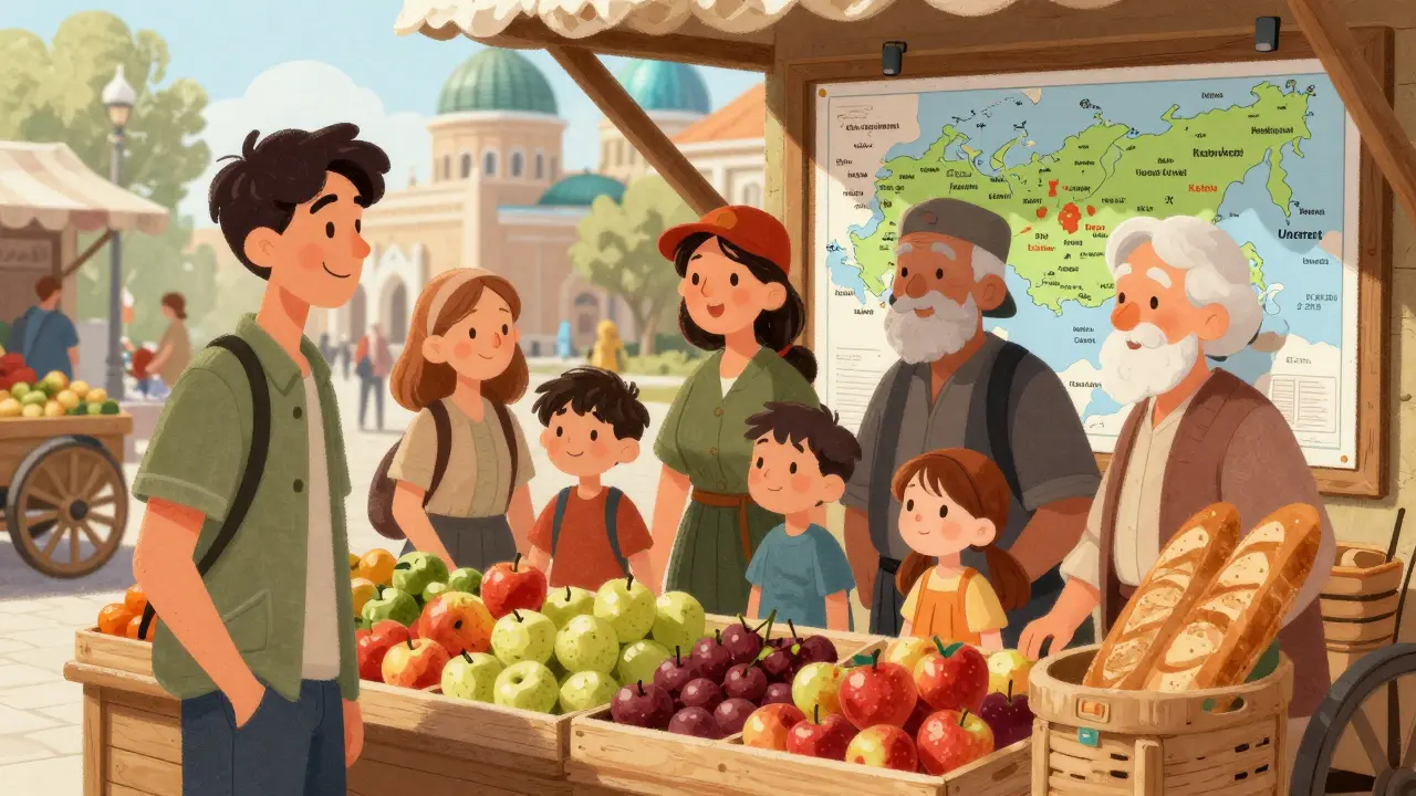 Путешественники покупают еду на рынке в Казани, карта России с маршрутами на стене.