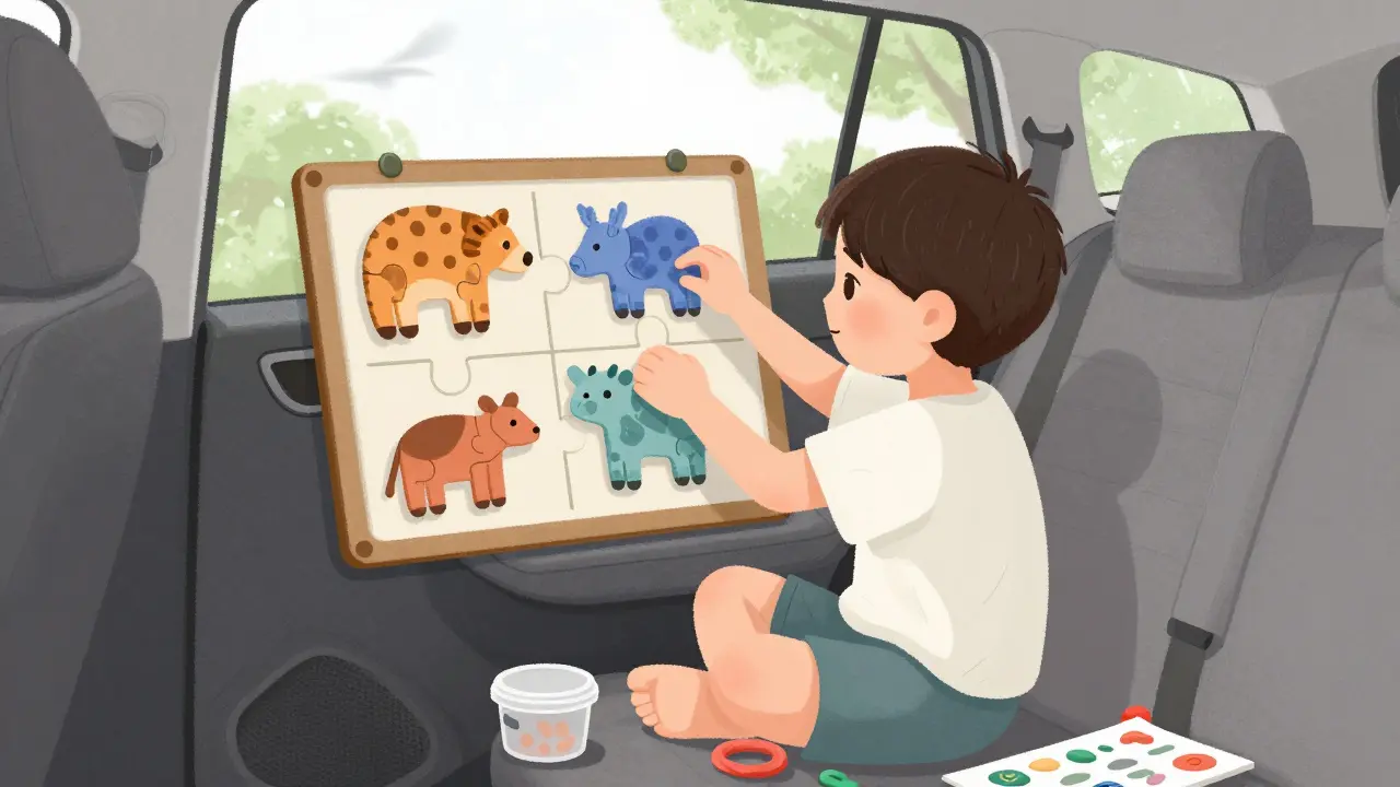 Ребёнок собирает магнитный пазл с животными на окне автомобиля.