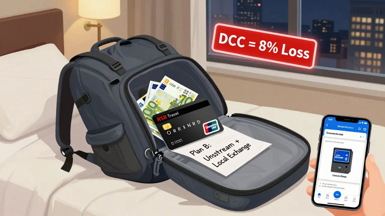 Рюкзак на кровати с картами, евро и планом Б на случай, если банкомат не работает.