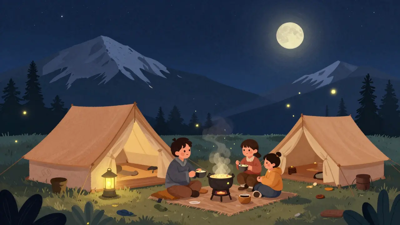 Семья ест кашу у костра на Алтае под звёздами, ночёвка в палатке.