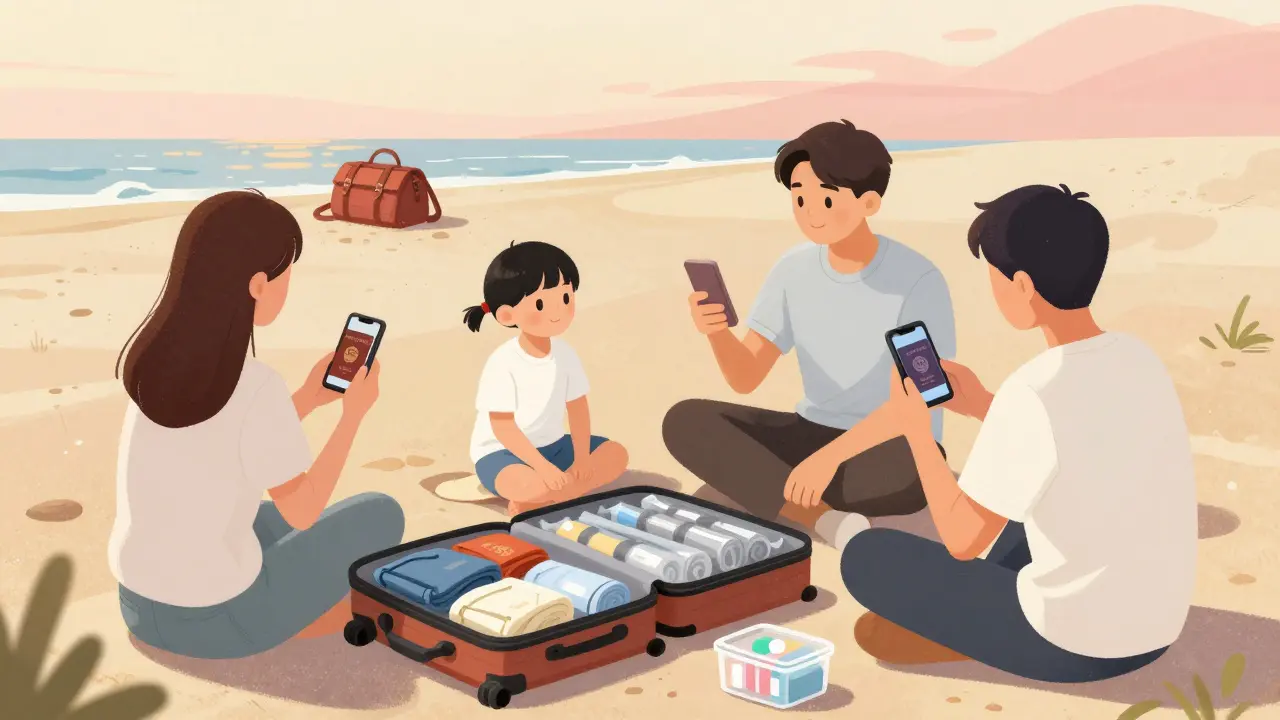 Семья на пляже спокойна — у каждого есть запасная одежда и лекарства, потерянный багаж не вызывает паники.