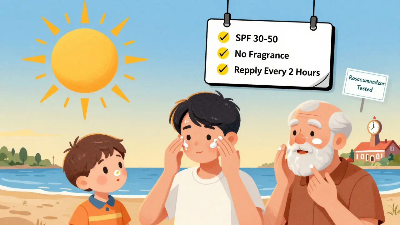 Семья на пляже в России — дети, взрослые, разные типы кожи, над ними — чек-лист защиты от солнца.