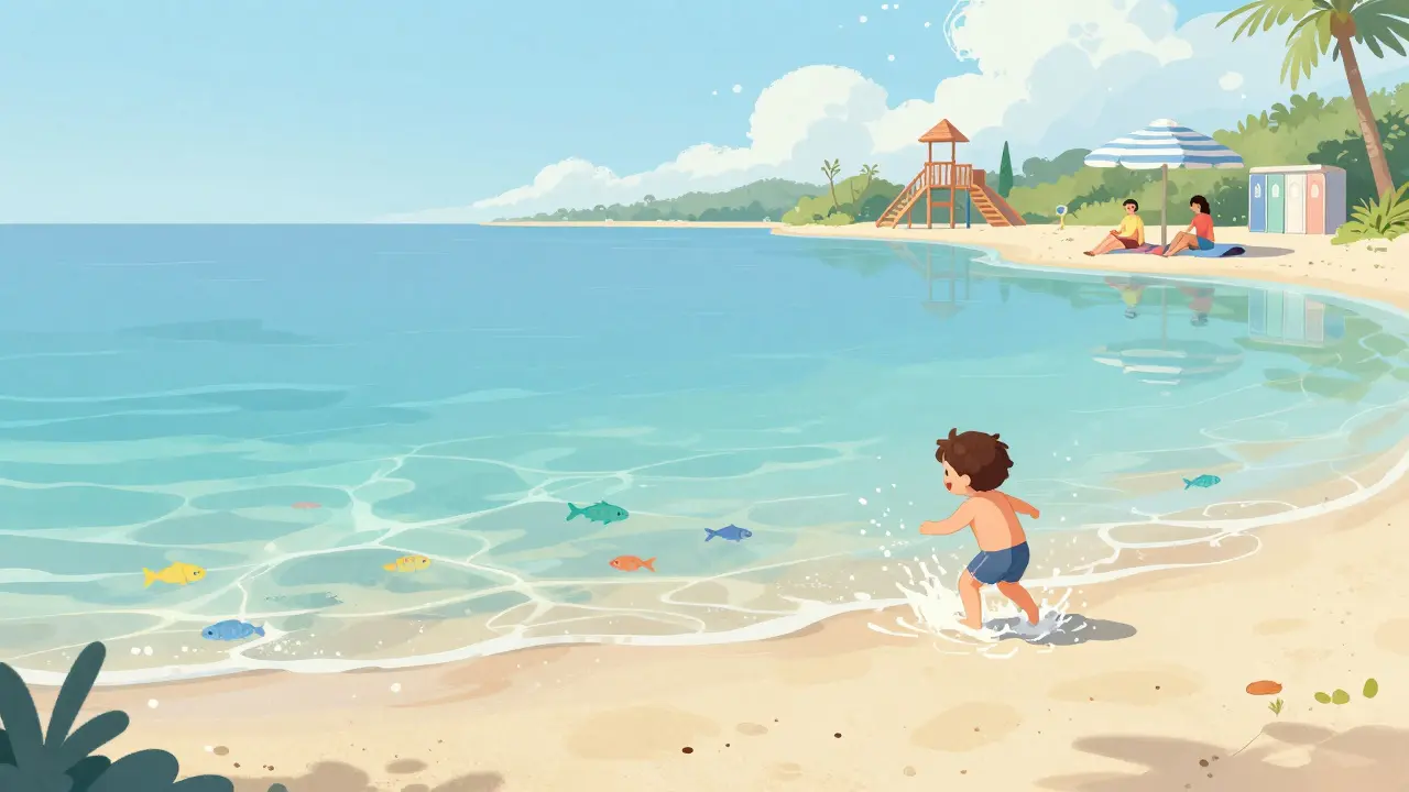 Спокойная бухта Фиг Три Бэй с детьми, играющими в мелкой воде и родителями под зонтиками.