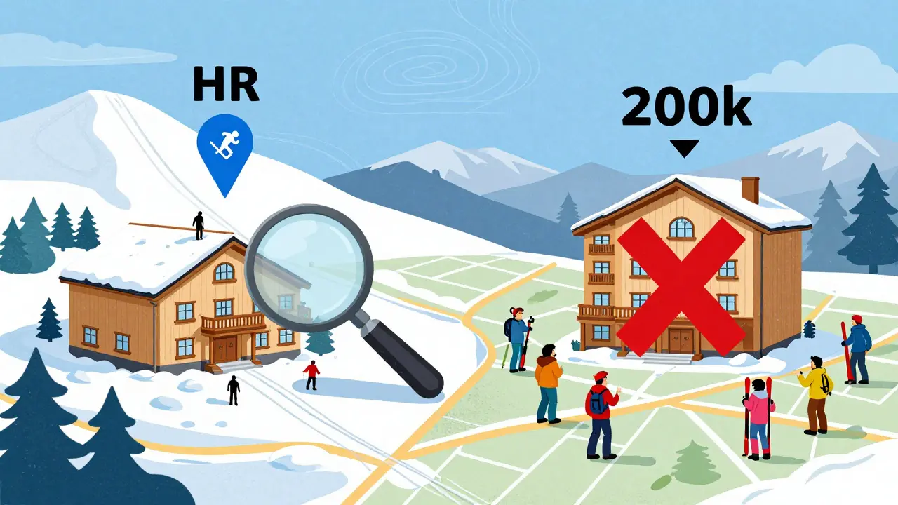 Сравнение настоящего и поддельного ски-ин отеля на карте курорта с метками и расстояниями.