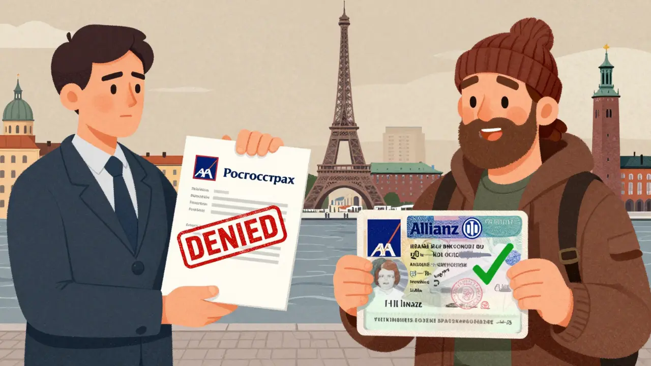 Сравнение отказа в визе из-за российской страховки и одобрения с международной.
