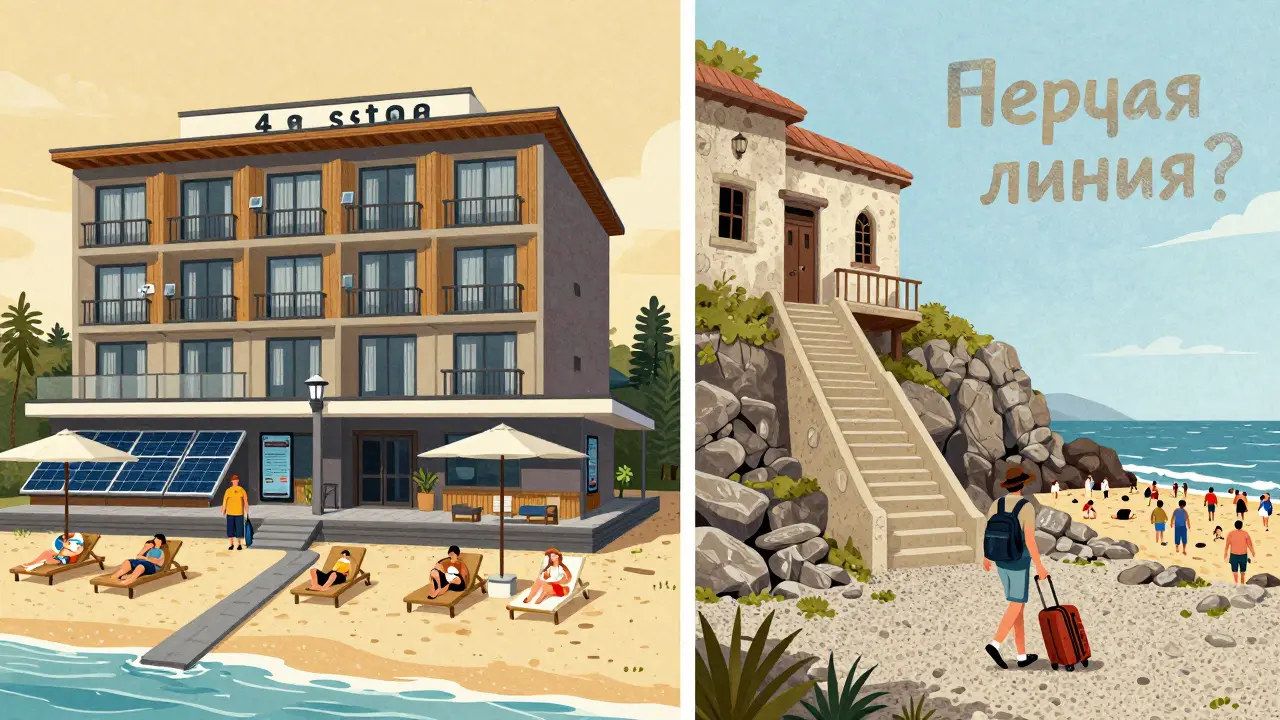 Сравнение: современный отель с прямым выходом к пляжу и старый отель с лестницей к гальке.