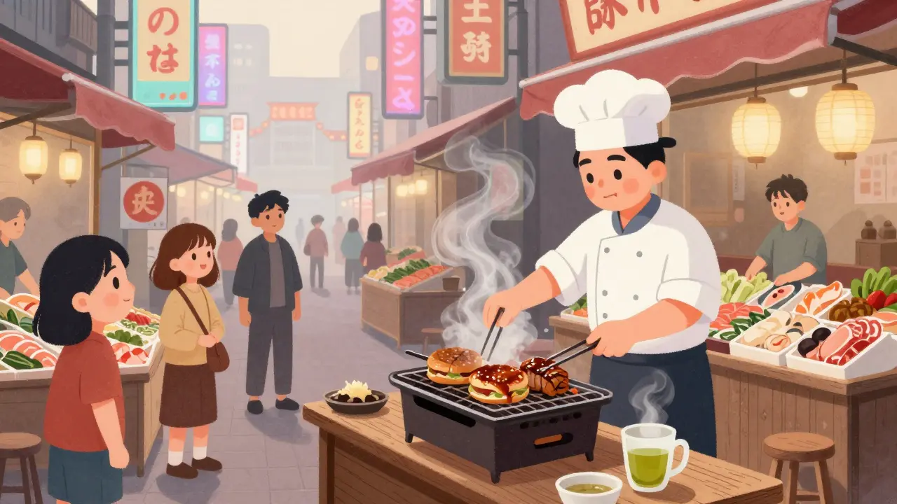 Токийский уличный рынок на рассвете: повар жарит бургеры с мисо, туристы наблюдают.