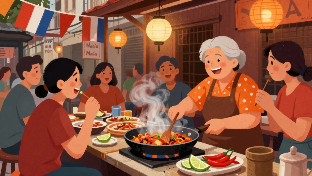 Уличная закусочная в Маниле: жареная свиная морда на раскалённой плите, клиенты едят с улыбками.