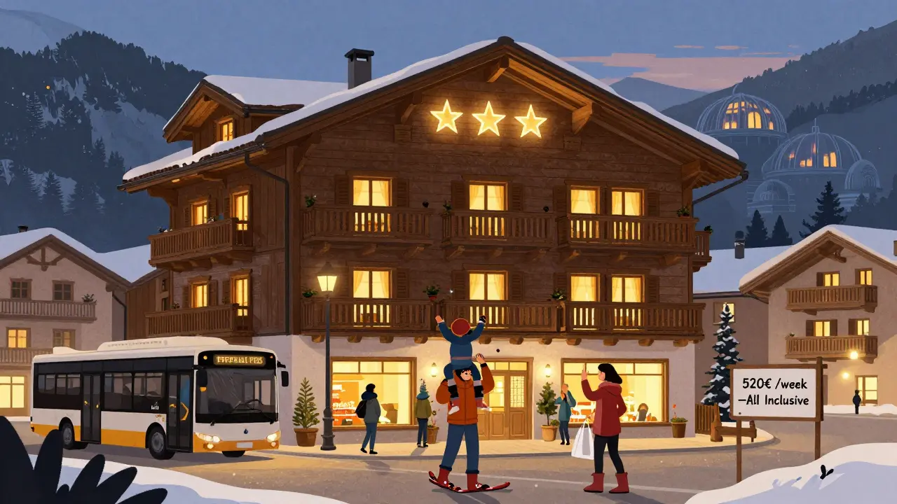 Уютный отель в Андорра-ла-Велья вечером: родители с детьми возвращаются с лыж, ждут бесплатный автобус, виднеется термальный комплекс.