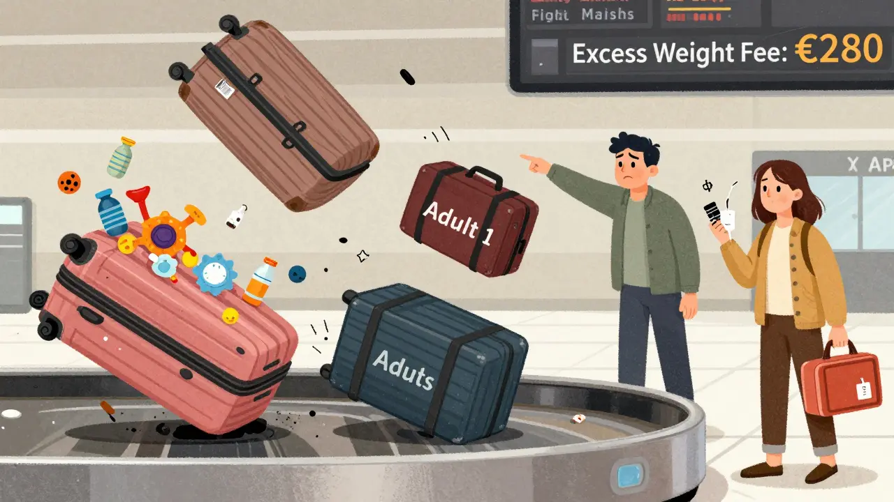 В аэропорту один чемодан перегружен, другой почти пустой, родители держат аварийный набор в руках.