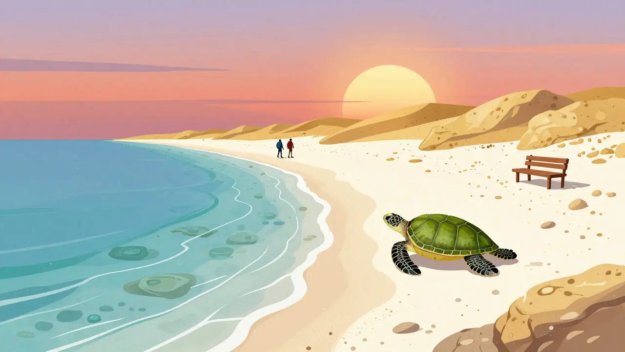 Золотой пляж в Северном Кипре с зелёной черепахой и пустым побережьем на закате.