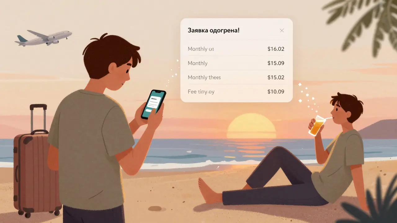 Человек отдыхает на пляже, а в небе над ним появляются ежемесячные платежи как звёзды.