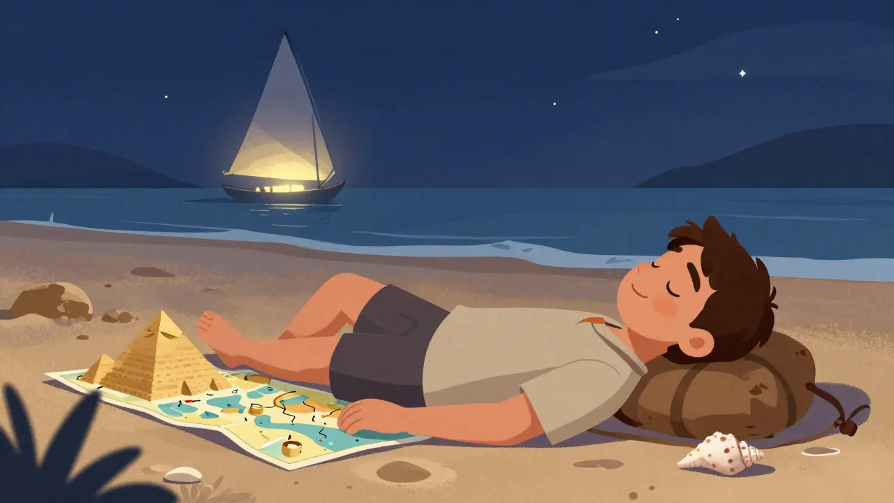 Человек отдыхает на пляже при закате, рядом — карта с местами экскурсий.