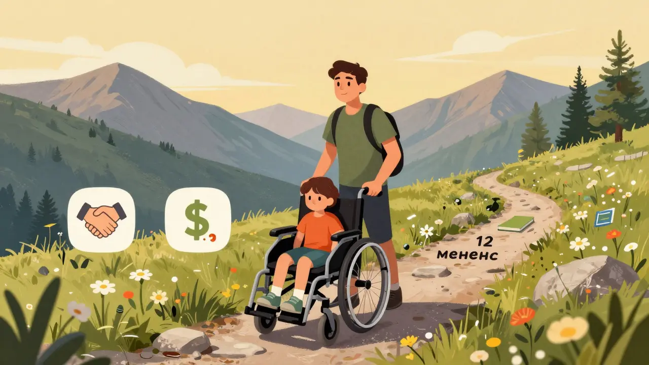 Человек с адаптивной коляской на тропе в Кавказе, вокруг — символы заработка и пути к успеху