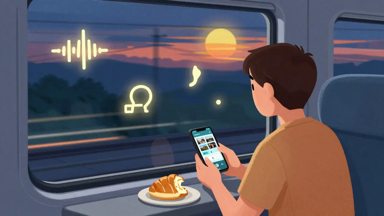 Человек в поезде смотрит в окно, рядом — телефон с редактором видео и плавающие символы звука, света и шагов.