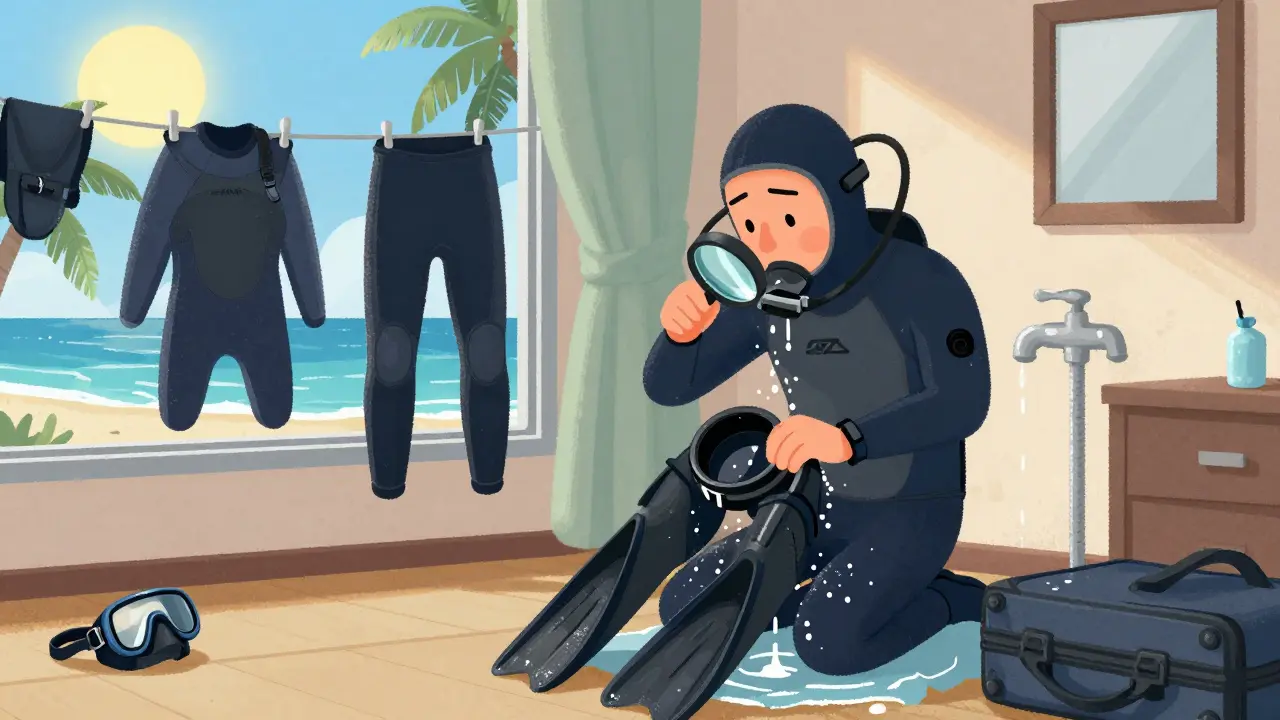 Дайвер после перелета промывает снаряжение и осматривает уплотнительные кольца в отеле.