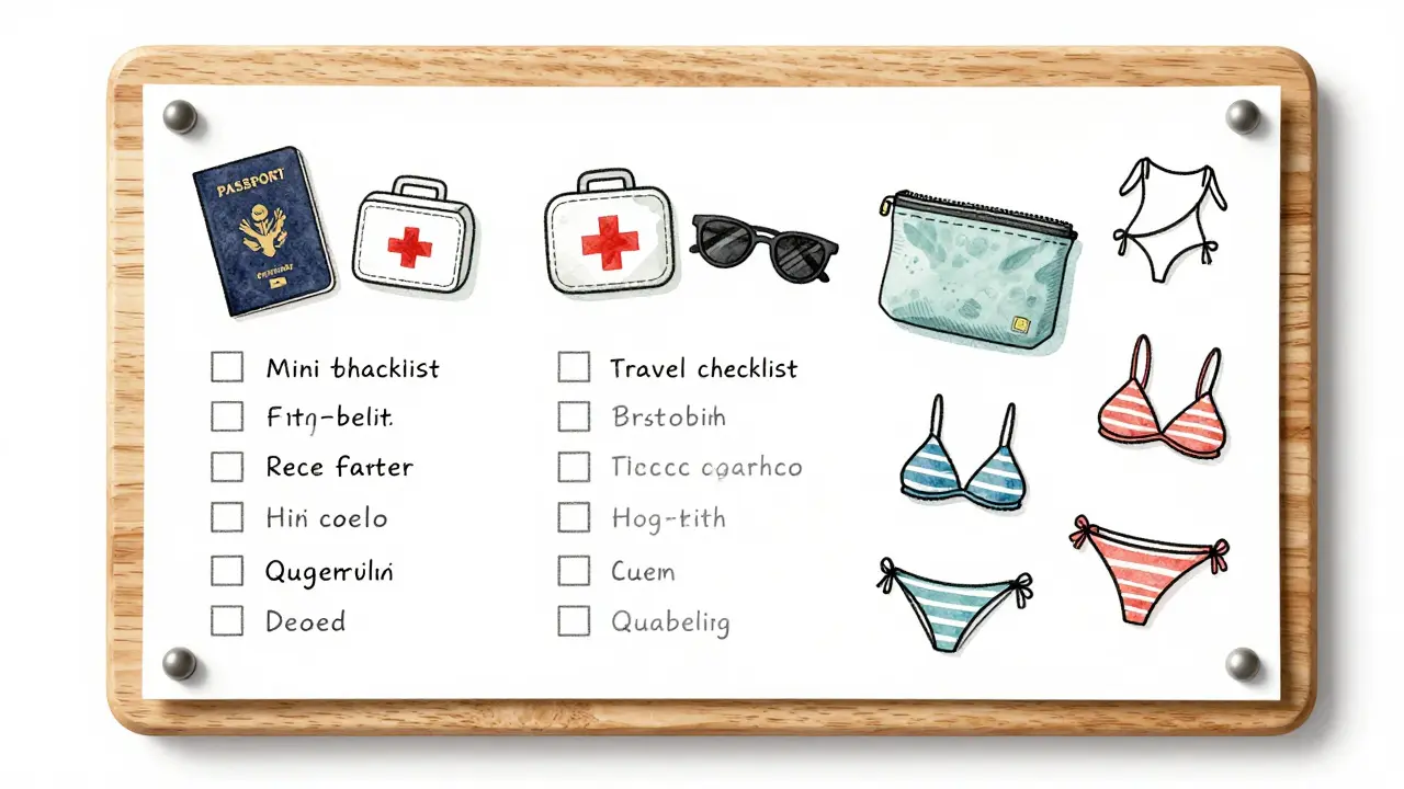 Доска с чек-листом и иллюстрациями ключевых вещей для пляжного отдыха: паспорт, аптечка, очки и купальники.