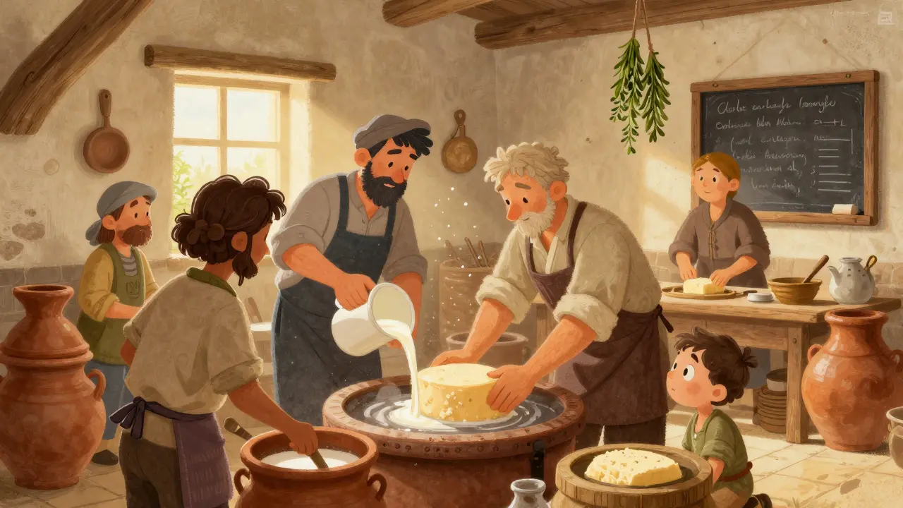 Гости помогают фермеру делать сыр: лейки, формы, теплое молоко и солнечный свет в сыроварне.