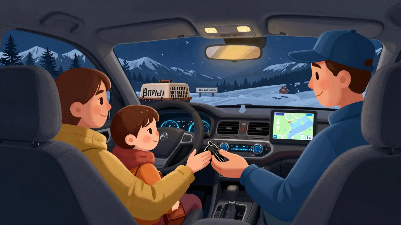Курьер передаёт ключи от машины ночью в Сочи, семья сидит внутри, сервис ВПуть! на экране.