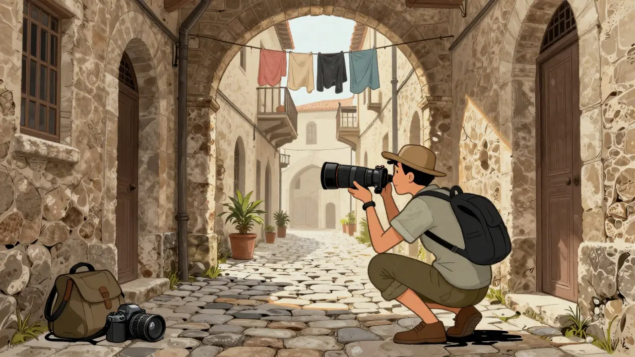 旅行者在狭窄的古老街巷中，用单一镜头拍摄建筑细节。