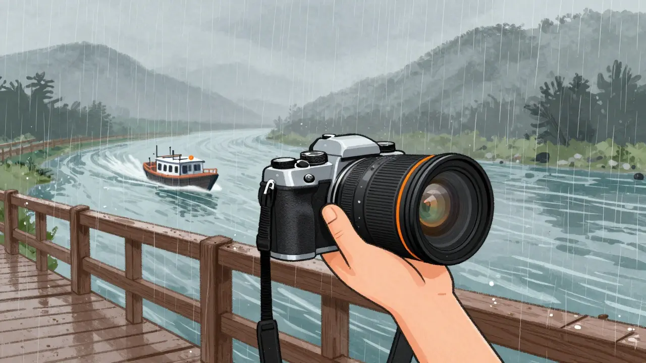 旅行者在雨中桥上拍摄漂流的小船，镜头具有防抖和防尘防水设计。