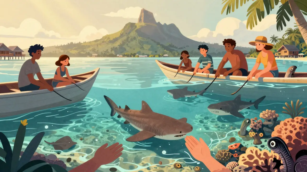 Люди кормят скатов и акул в спокойной лагуне Бора-Бора.