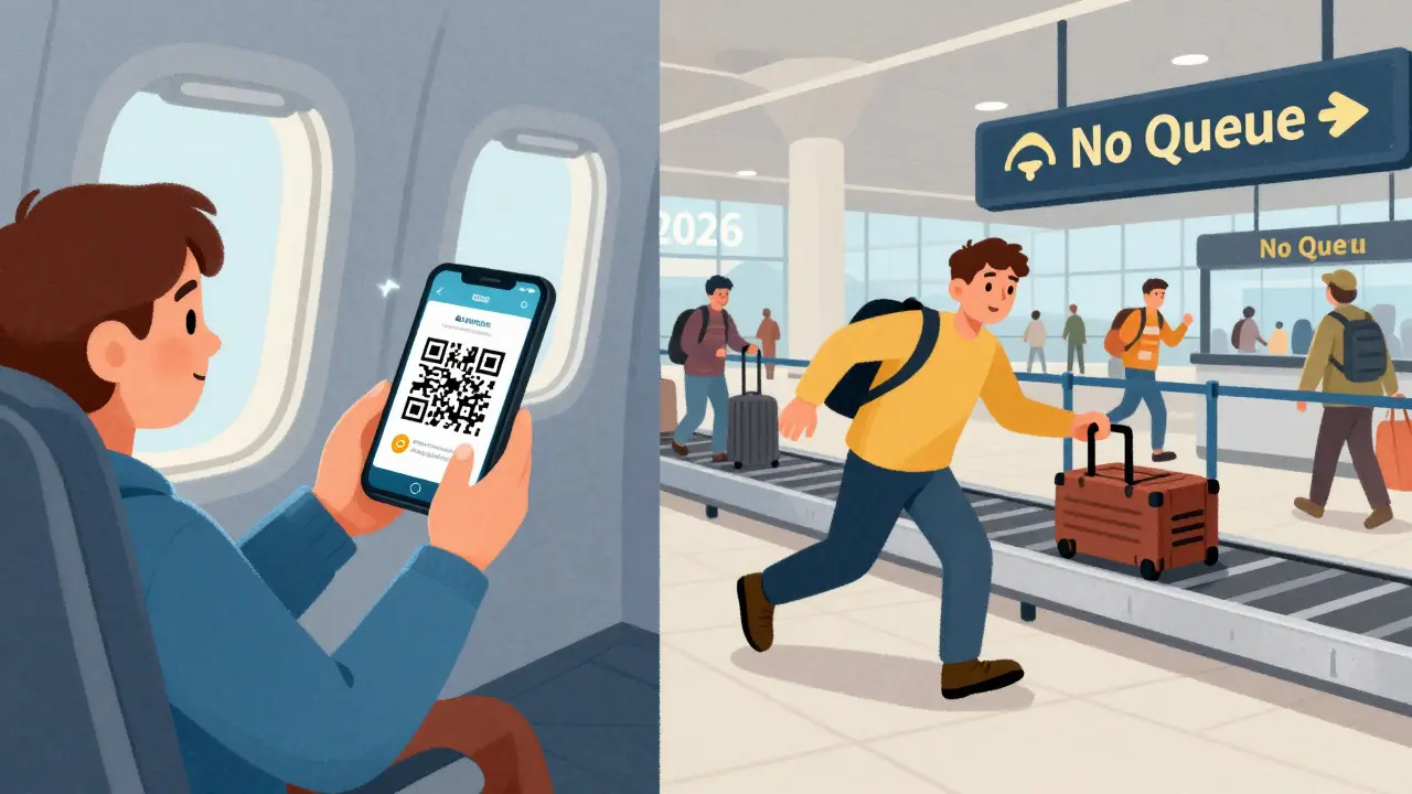 Пассажир выбирает место на телефоне, другой сдаёт багаж на автоматической стойке без очереди, в фоне аэропорт Москвы