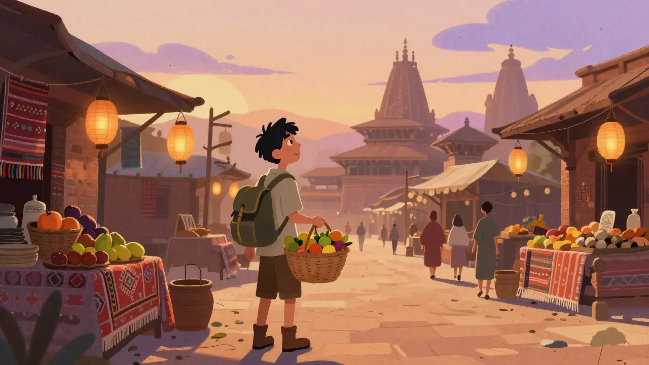 Путешественник исследует рынок у заката, рядом — силуэт храма.