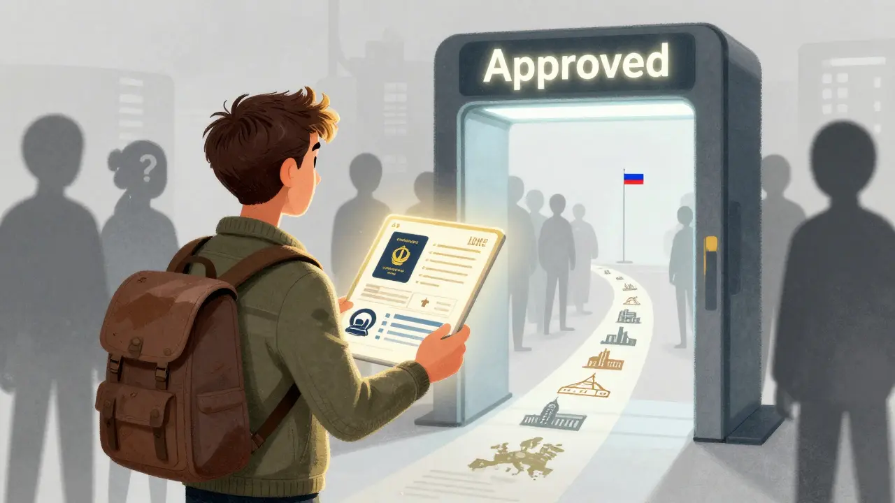 Путешественник стоит у визового контроля с цифровым досье, за ним — отклонённые заявки, впереди — светлый проход.