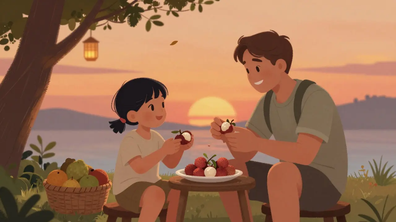 Ребёнок и путешественник делятся личи и салаком на закате.