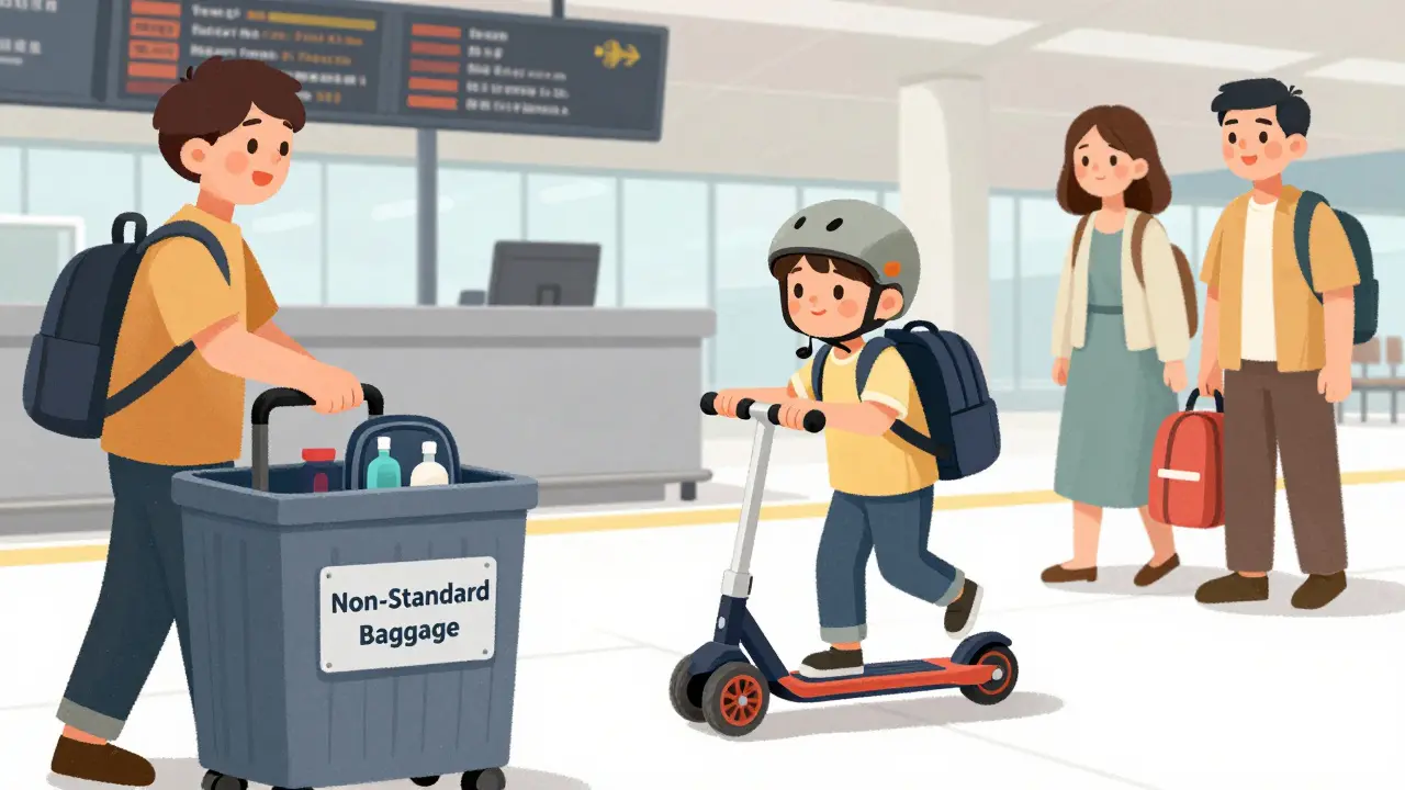 Ребёнок катается на самокате по терминалу, родители наблюдают, пока его кладут в багаж.