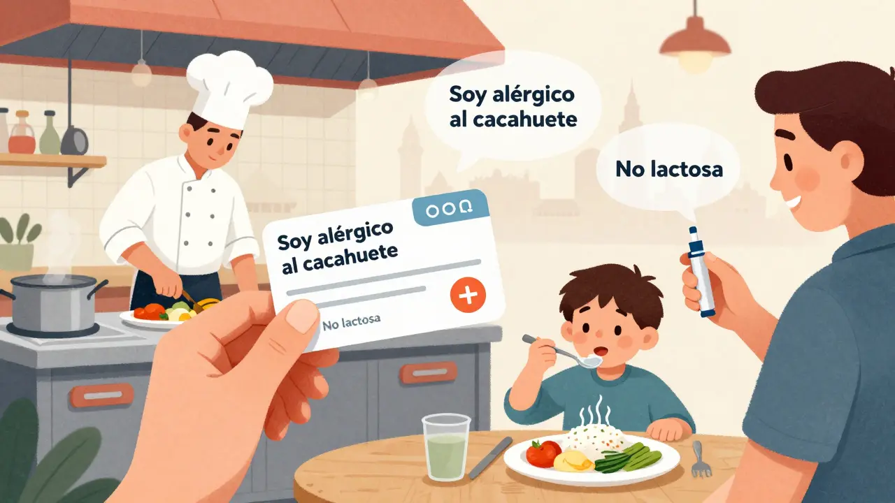 Родитель показывает карточку с аллергией повару, который готовит еду на отдельной сковороде.