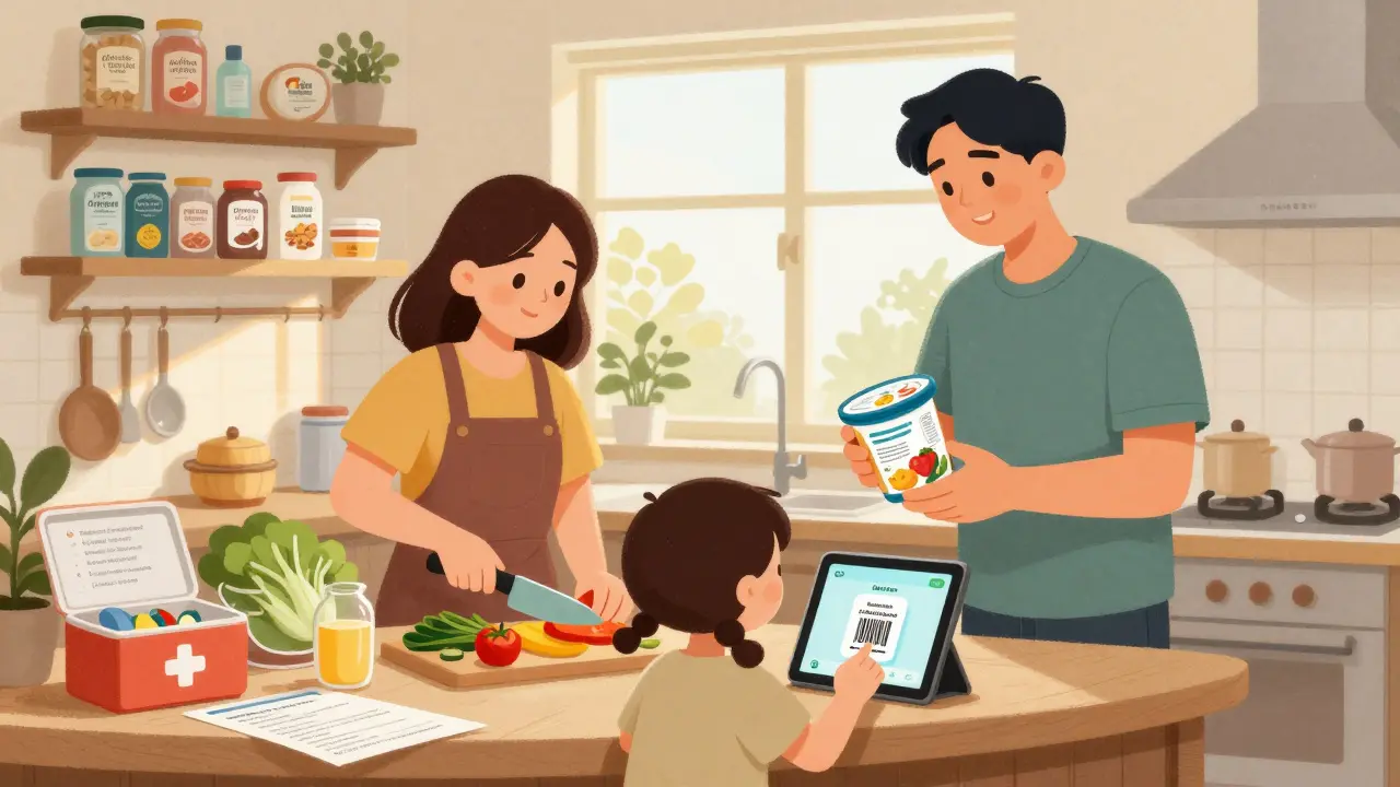 Семья готовит в апартаментах, сканируя продукты приложением и храня лекарства на кухне.