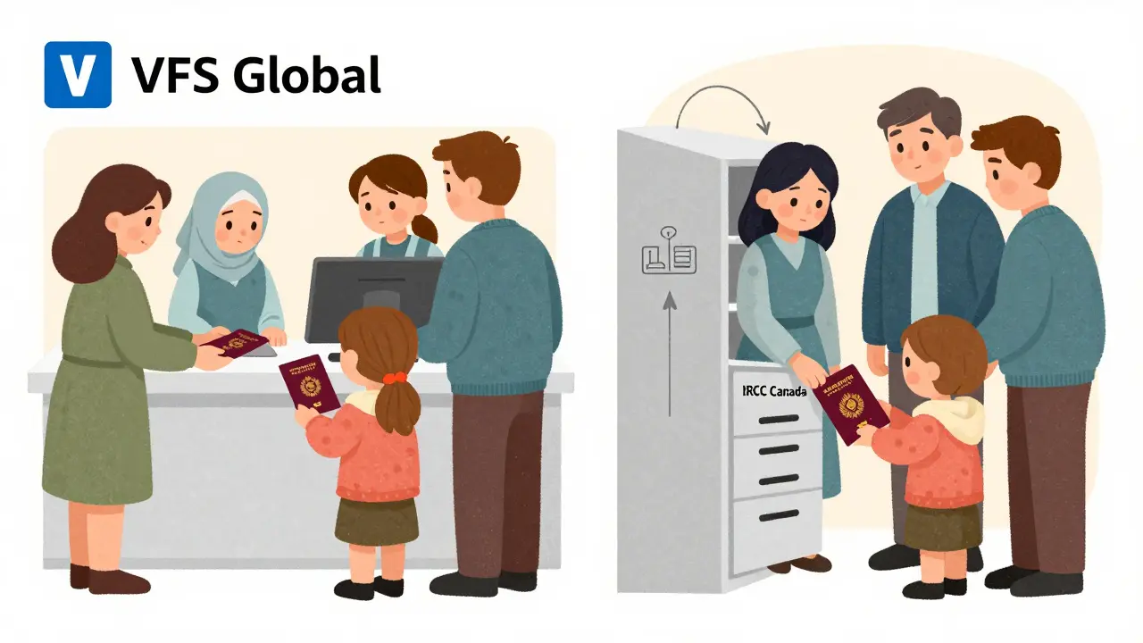 Семья подает документы в Москве и затем отправляет паспорт в Казахстан для канадской визы, показаны цифровые и международные этапы.